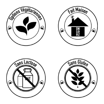 Sceaux de garantie onigiriz - sans gluten - sans lactose - options végétariennes - fait maison